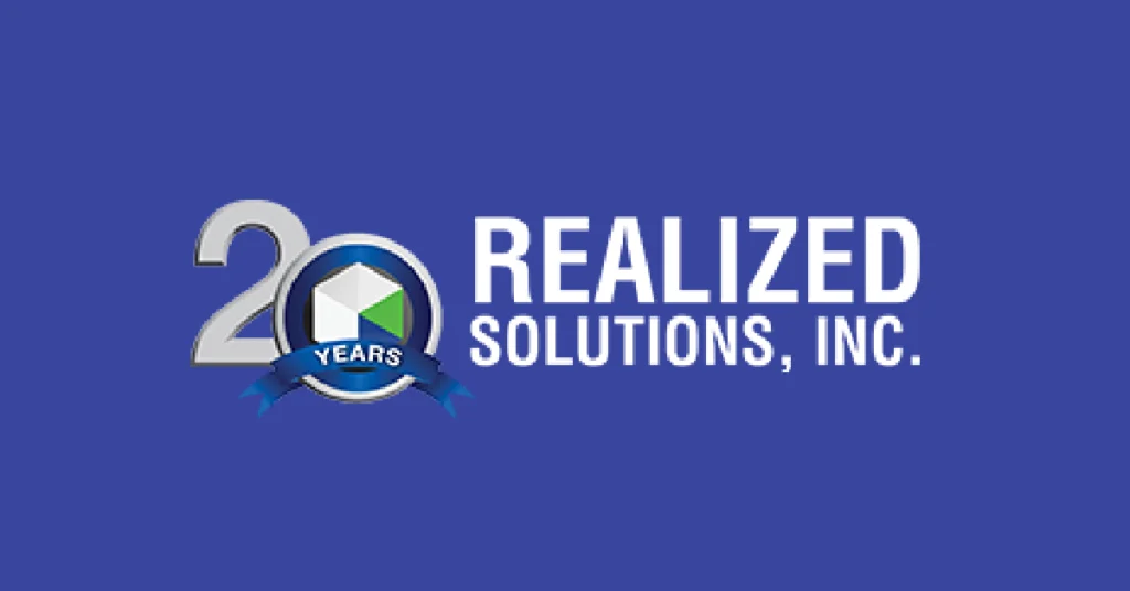 Realized Solutions, Inc. 20-year anniversary logo with blue background.