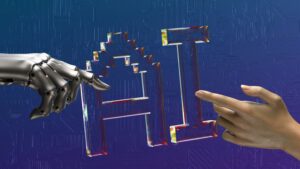 Artificial intelligence concept showing a robotic hand and human hand interacting with AI lettering over a digital circuit board background.