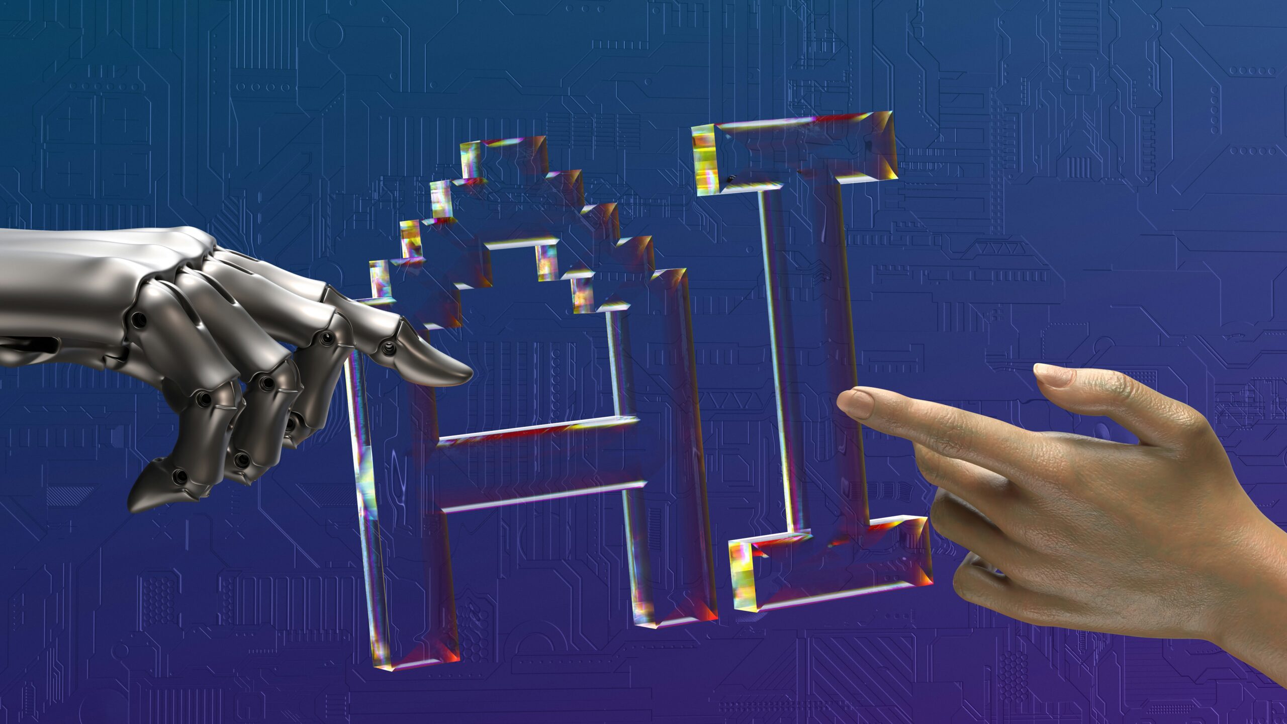 Artificial intelligence concept showing a robotic hand and human hand interacting with AI lettering over a digital circuit board background.