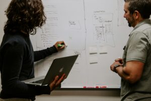 Team members reviewing website wireframes and page layouts on a whiteboard during a web design and digital strategy planning session.