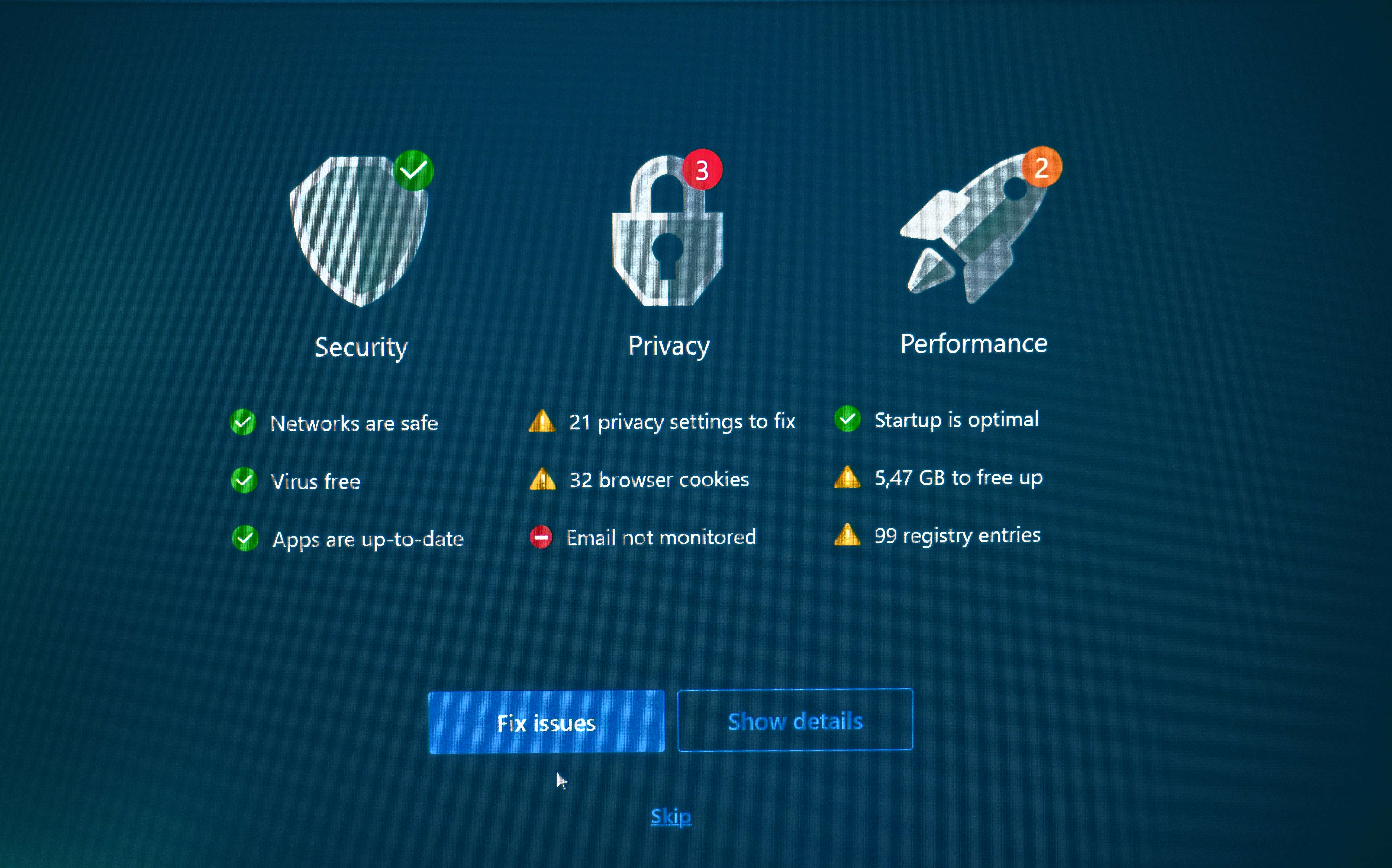 Cybersecurity dashboard showing network security, privacy settings, performance monitoring, threat protection, and system health management for business IT environments.