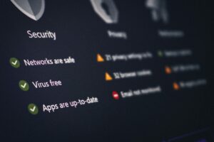 Cybersecurity dashboard displaying network security status, malware protection checks, system updates, and threat monitoring for IT infrastructure management.